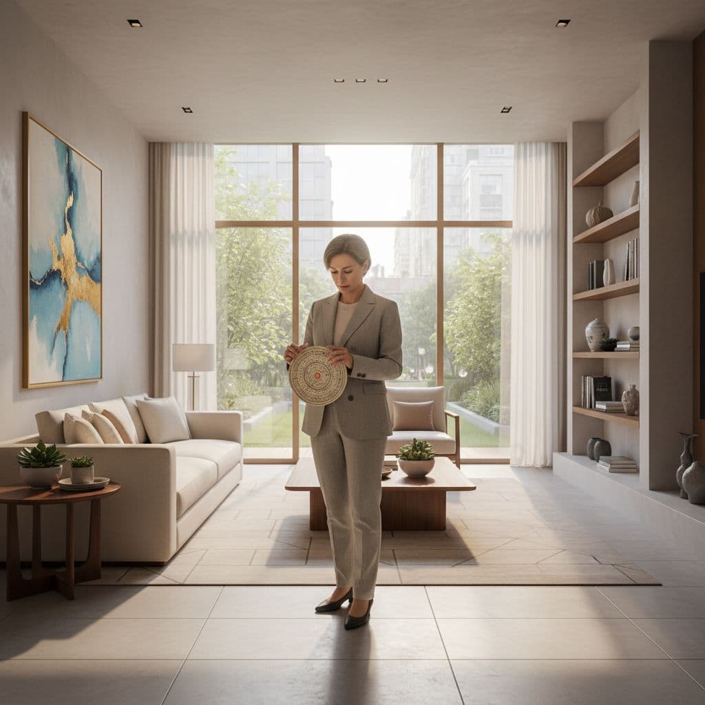 A professional feng shui master stands in a modern living room examining a compass for spatial analysis.