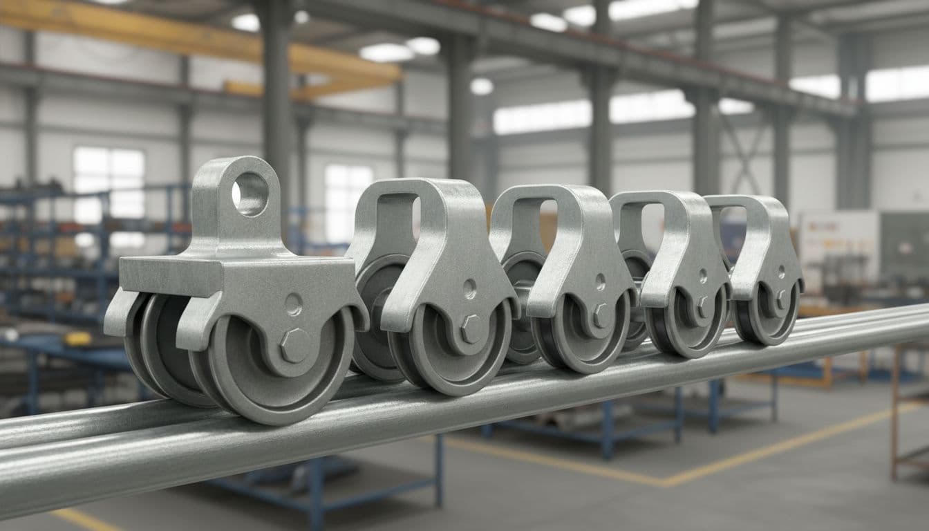 Several galvanized festoon trolleys on C-track, including one tow trolley with attachment point and standard follower trolleys, in a close-up view highlighting wheel design and load support in a factory workshop.