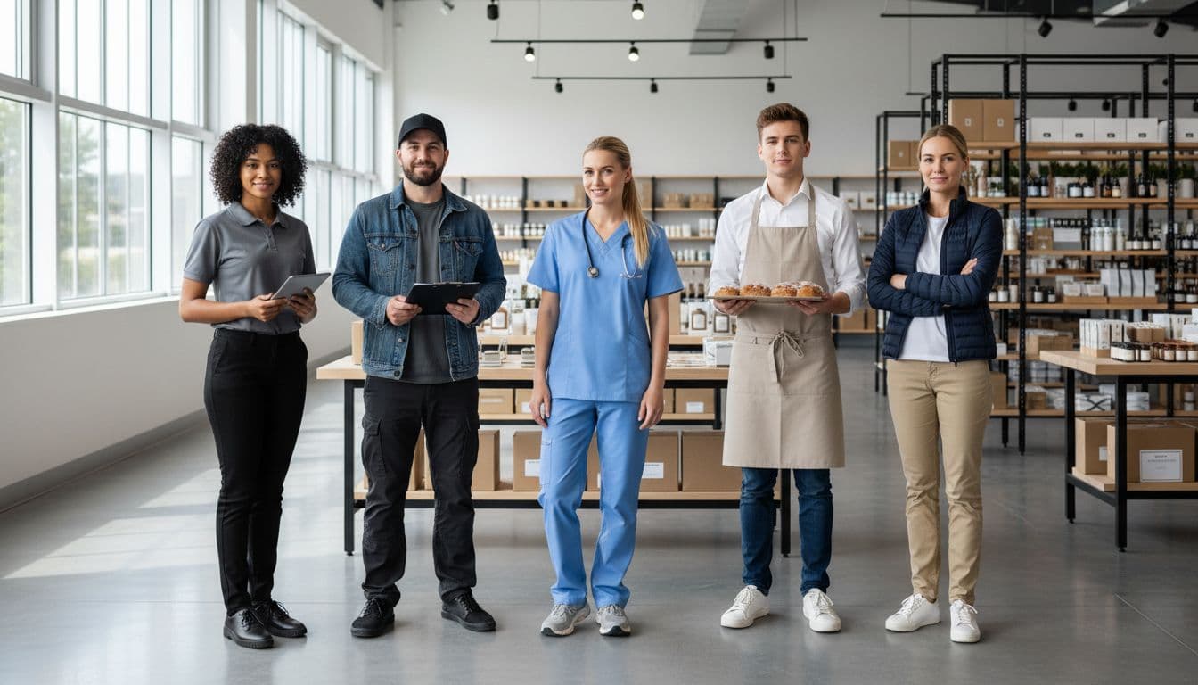 A group of five employees in varied staff uniforms including polos, tees, jackets, aprons, and scrubs, standing relaxed in a modern warehouse or retail store with natural daylight lighting.