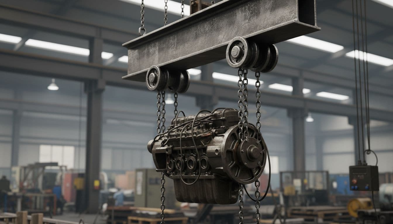 Robust forged steel I-beam trolley mounted on an overhead steel beam in a busy industrial factory, supporting a large suspended load of machinery parts, captured in a side angle view emphasizing strength and durability.
