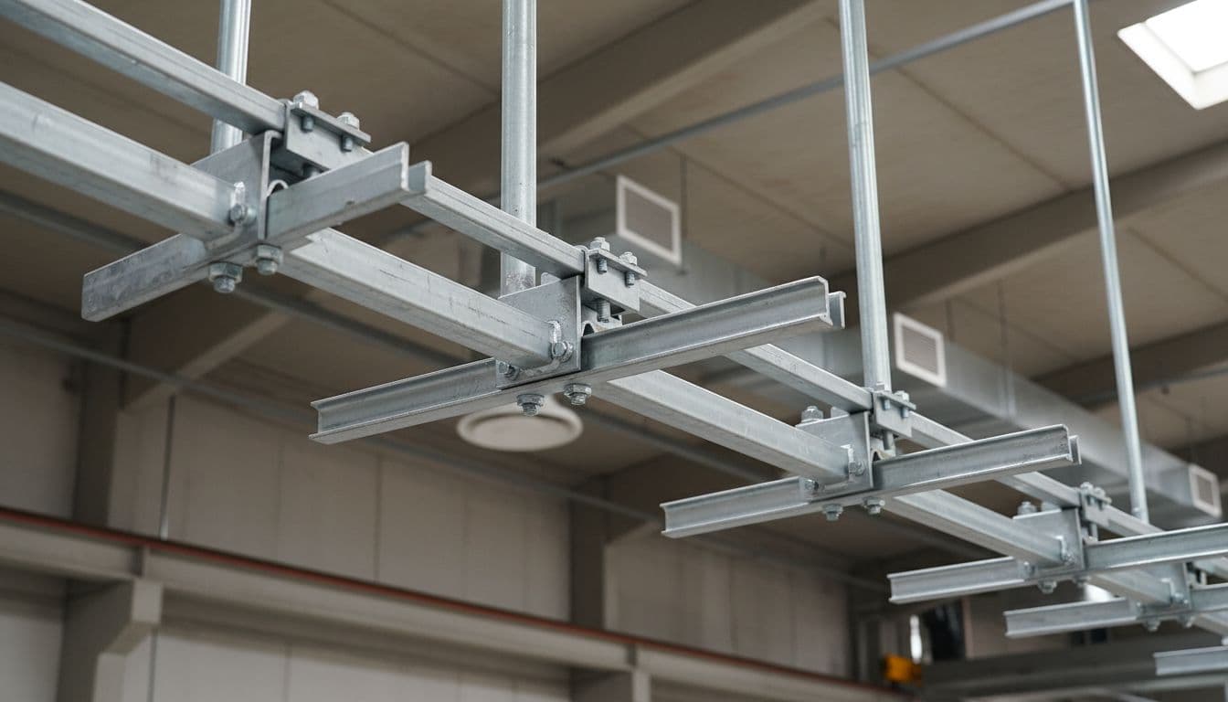 Close view of galvanized steel C-track for festoon system mounted straight on factory ceiling with support brackets, cross arms, and angle iron hangers; empty track in industrial environment with focus on hardware details.