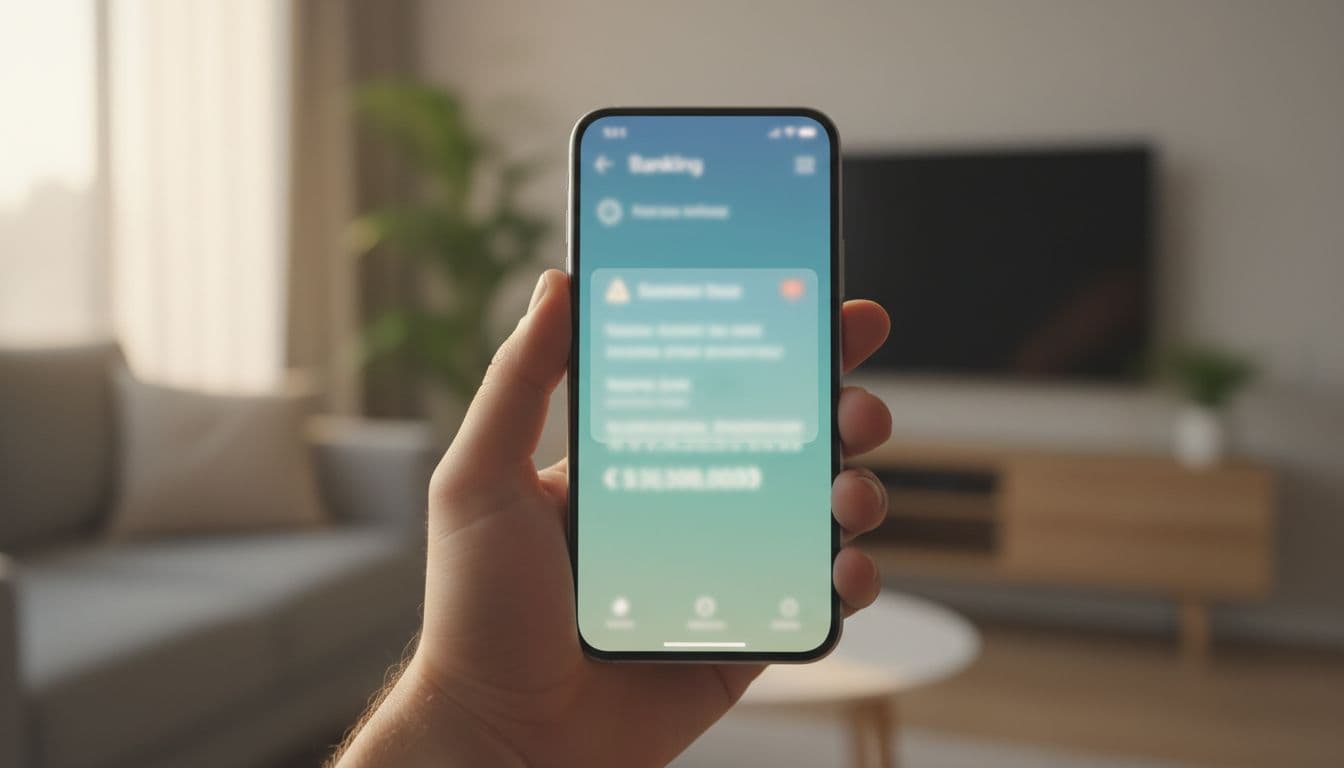 Close-up of a smartphone held in one hand displaying a blurred banking app alert for a large incoming payment notification, modern apartment background with soft natural light.