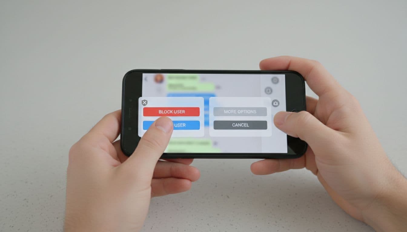 Close-up realistic photo of two hands holding a smartphone displaying a blurred dating app chat screen with open block and report option menus, neutral table background, soft lighting, focus on interface gestures.