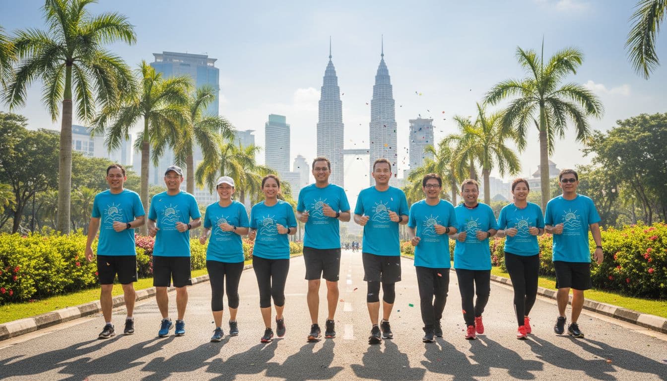 Twelve diverse Malaysian adults in matching bright t-shirts at outdoor fun run in Kuala Lumpur.