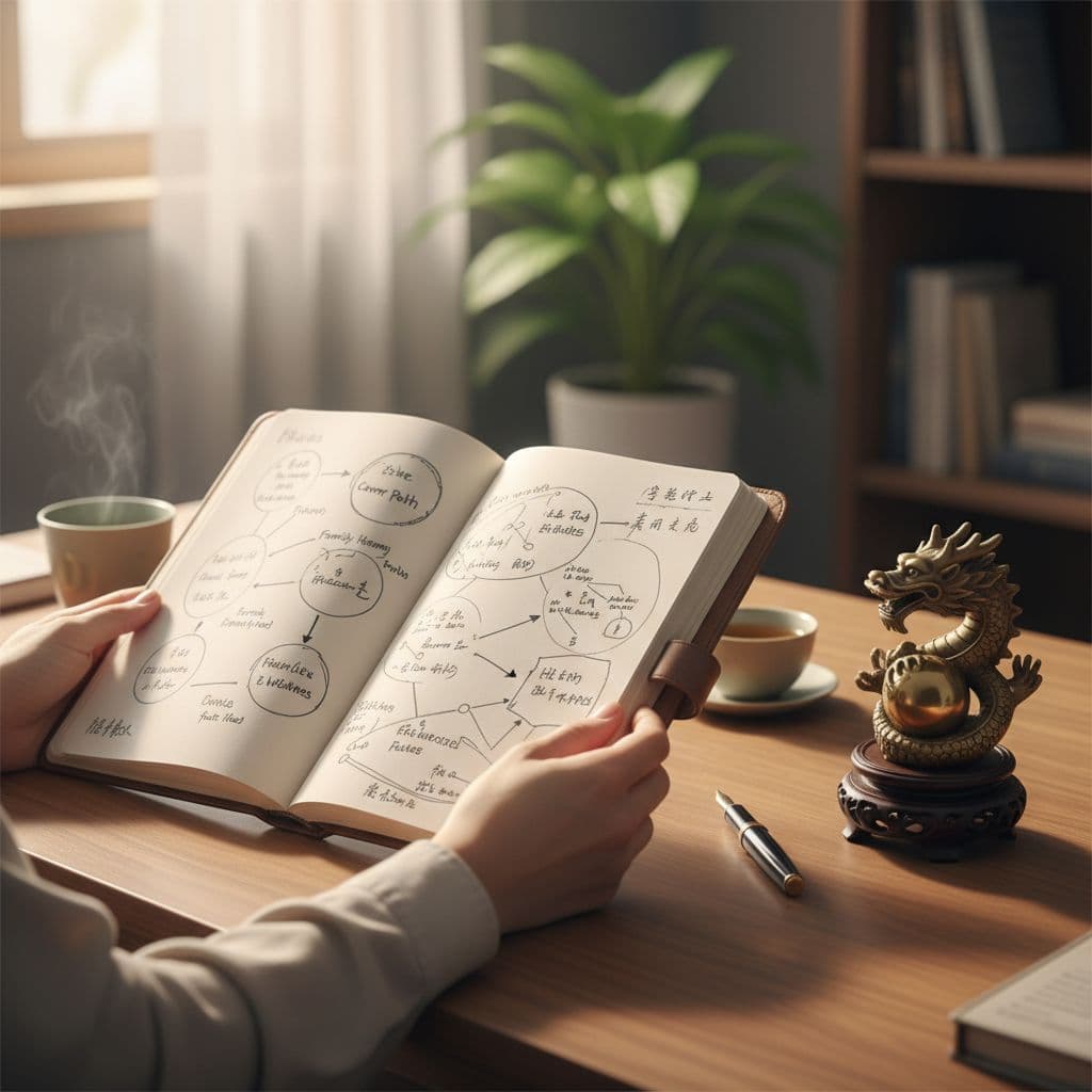 A wooden desk features a notebook with handwritten planning notes and a traditional Chinese ornament under soft lighting.