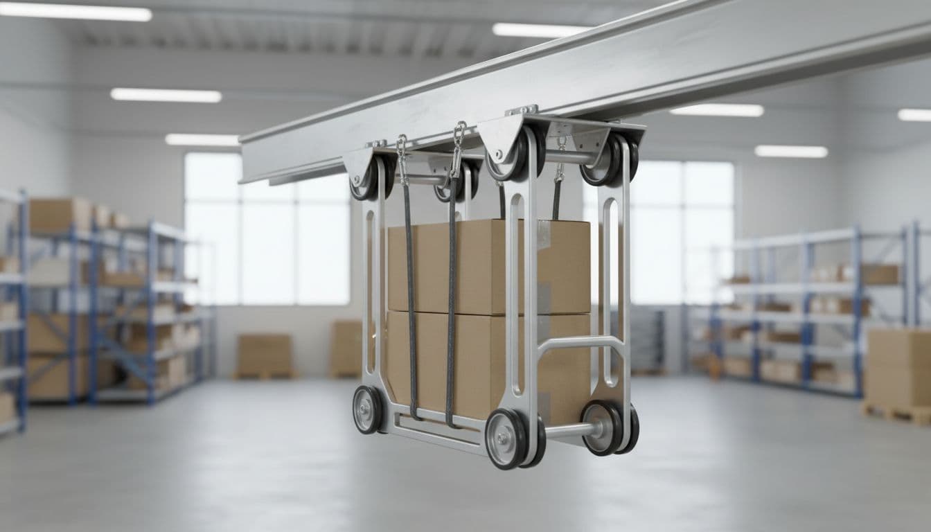 Close-up side view of a lightweight aluminum I-beam trolley on an overhead beam in a modern warehouse, carrying boxed goods and highlighting easy handling features with reduced weight design, realistic photo style under bright indoor lighting.