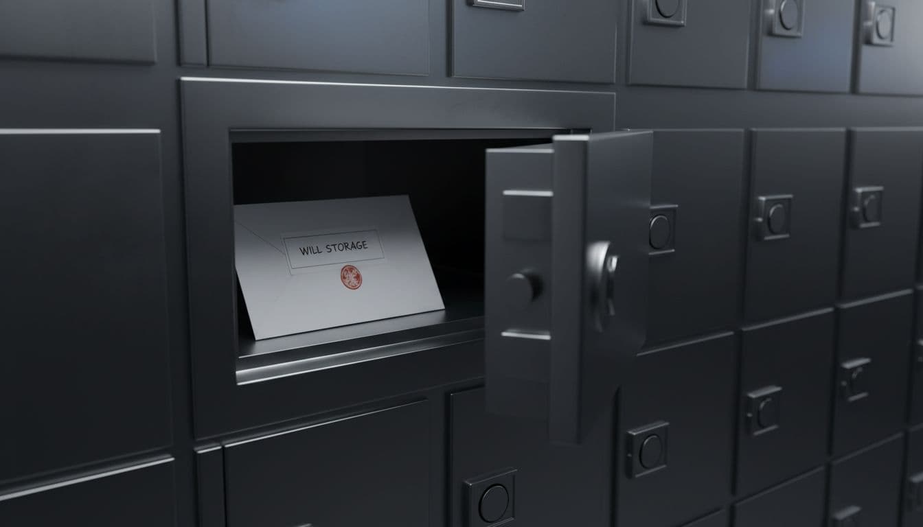 Dimly lit Malaysian bank vault with one metal safe deposit box, door ajar revealing sealed white envelope inside.