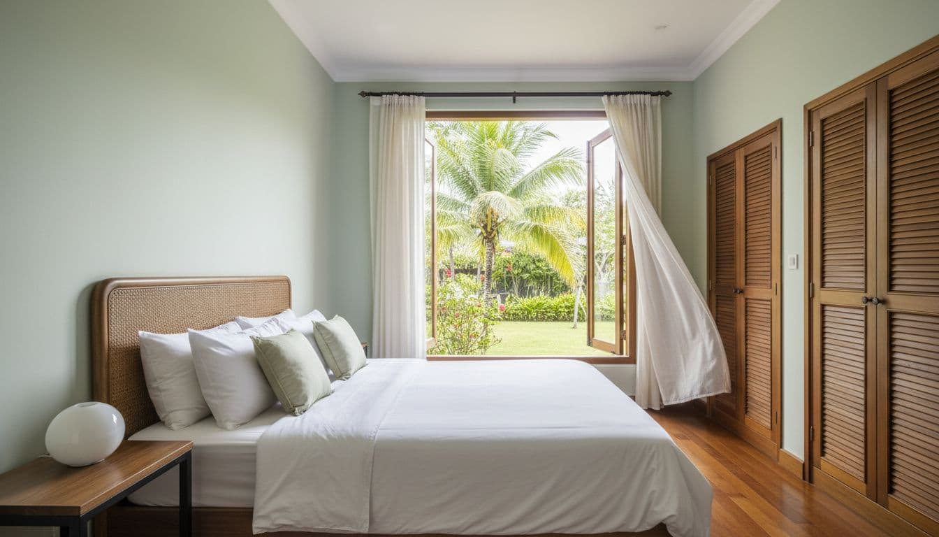 Tidy bedroom with light green walls, wooden furniture, open windows allowing natural light and breeze, and neat bed.