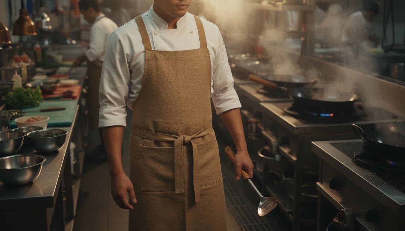Malaysian chef wearing breathable durable custom apron with adjustable straps and fabric texture in hot busy kitchen, showing comfortable fit during shift under warm overhead lighting. Realistic photo of one person holding spatula loosely, no text or watermarks.