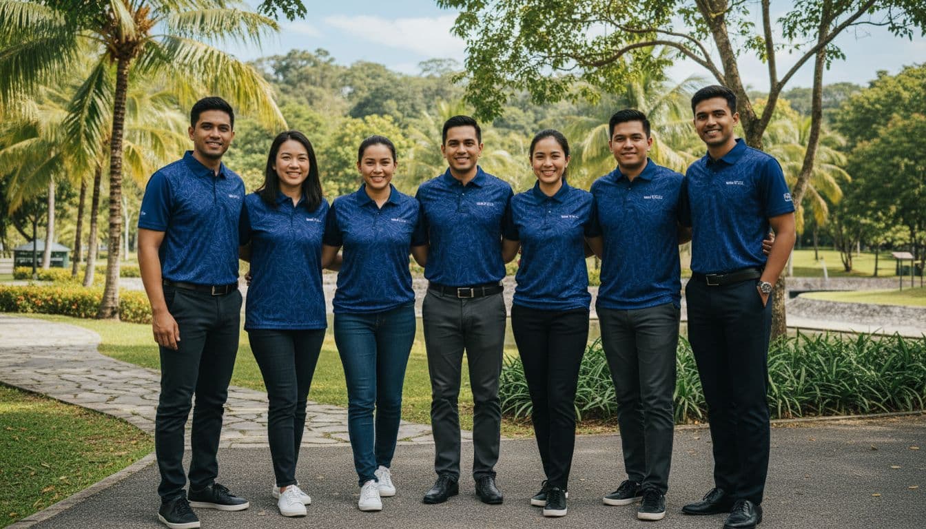 Eight Malaysian professionals in matching polo shirts smile and pose together in a tropical park.