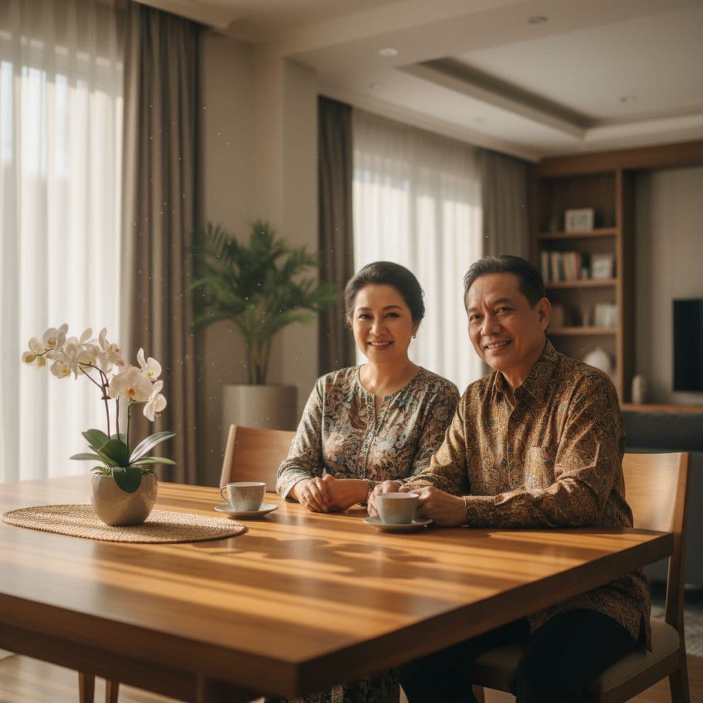 A middle-aged Malaysian couple sits together at a wooden dining table in a sunlit home.