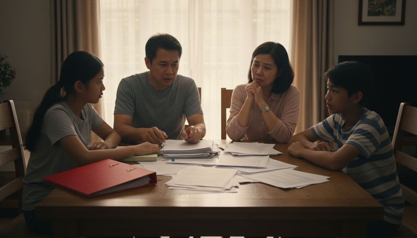 Malaysian family of four looks worried at scattered estate papers and missing folder on dining table.