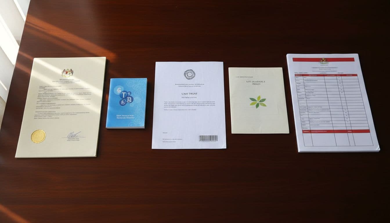 Top view of five financial documents: property title deed, savings book, unit trust certificate, insurance policy, EPF statement on wooden desk.