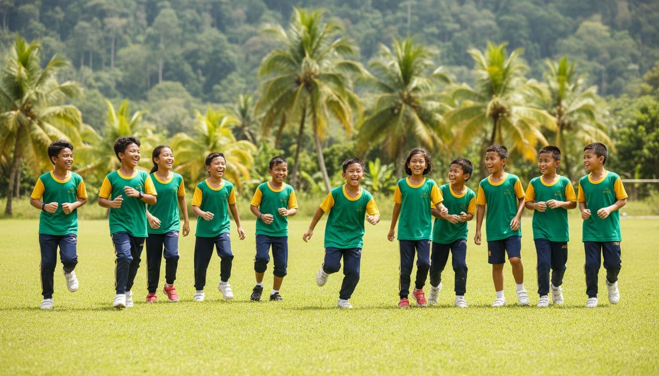 Ten diverse Malaysian school children in matching t-shirts play games on green field under sunny sky.