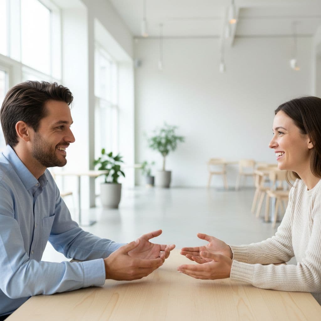 A man and woman sit at a clean, modern cafe table engaged in an honest, direct conversation.