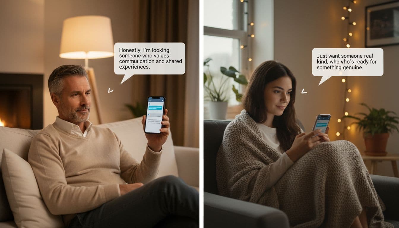 Mature man in 40s and young woman in 20s sit comfortably at home in side-by-side scenes, focused on smartphones with chat interfaces.