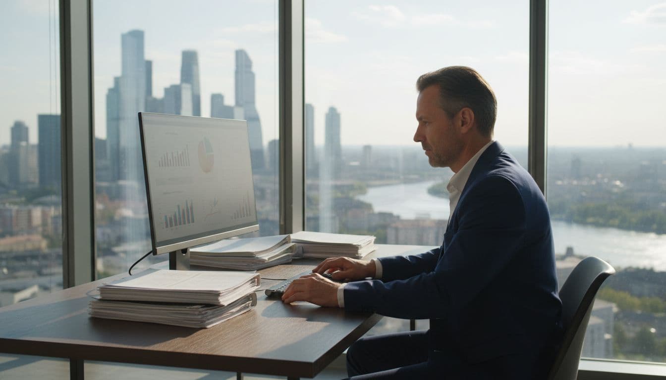 Middle-aged man works intently at desk with computer and files, city landscape through window.
