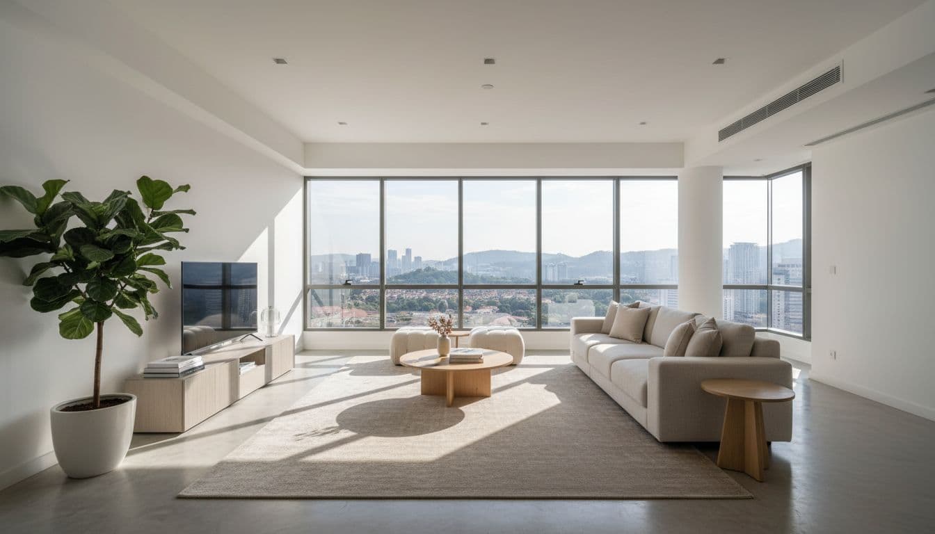 A spacious and bright minimalist living room in a Kuala Lumpur apartment features large windows and open layout.