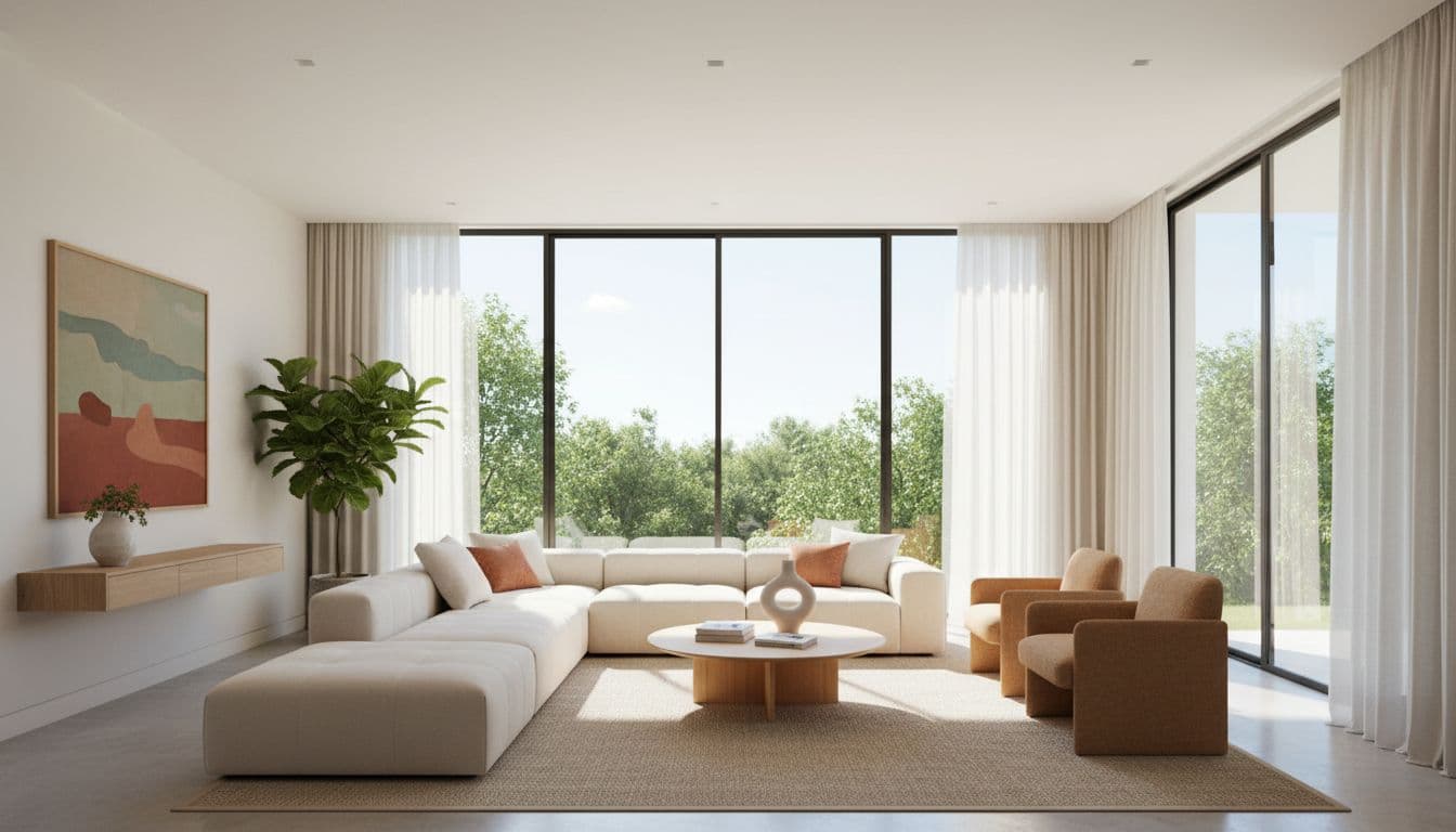 A clean modern living room filled with natural sunlight through large glass windows.