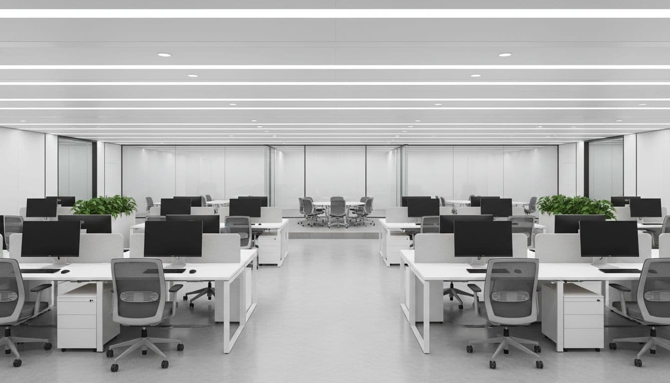 A clean and organized office space featuring modern desk arrangements under bright artificial lighting.