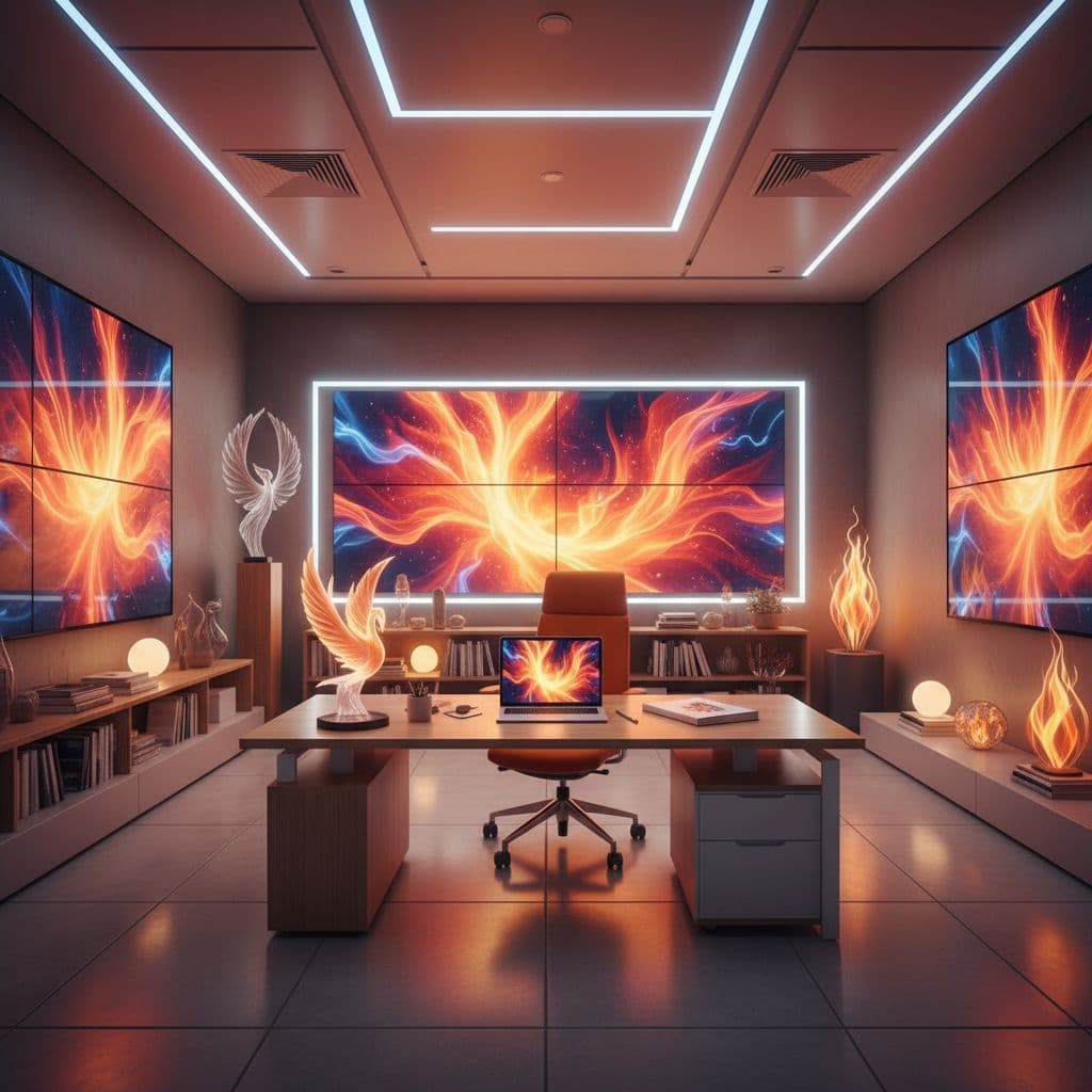 A bright office desk features a sleek laptop and notebook in a modern workspace filled with warm light.