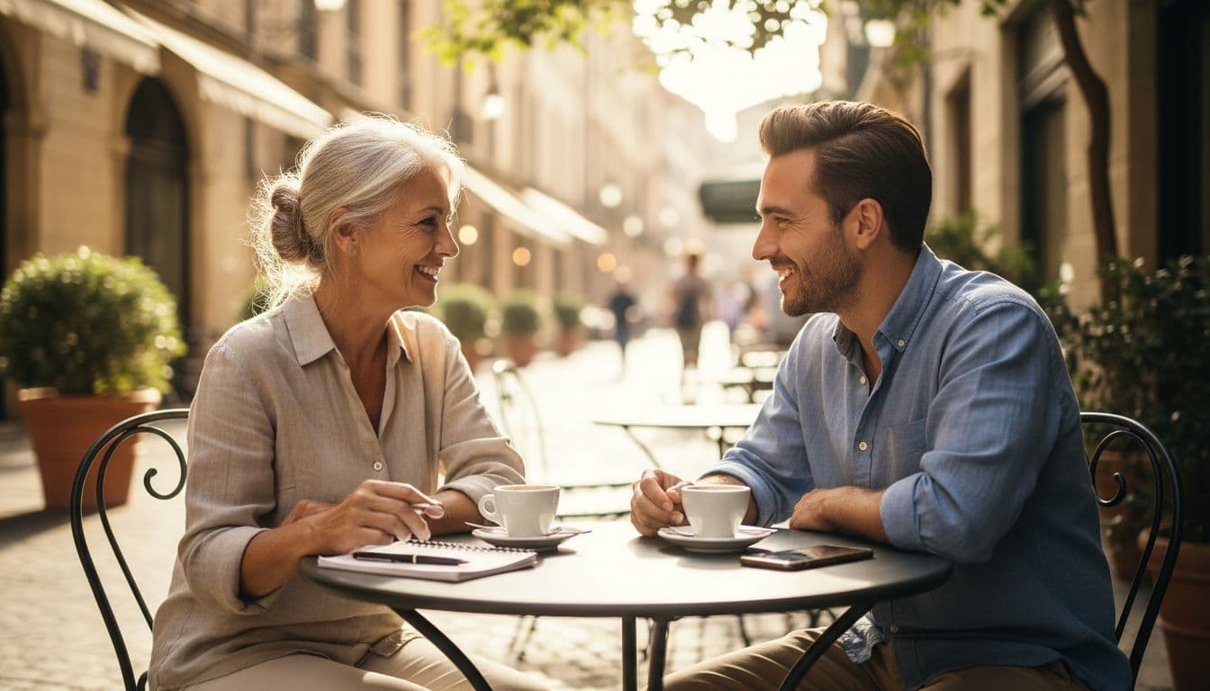 Older woman and younger man converse relaxedly at sunny outdoor cafe table over coffee cups with phones and notebook nearby.