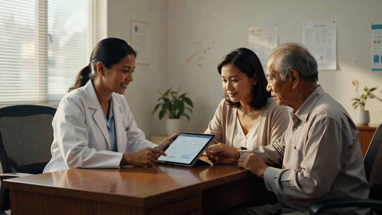 A doctor in a white coat sits beside a patient and family member at a desk. They examine a tablet together within a calm, professional clinic environment lit by natural window light.