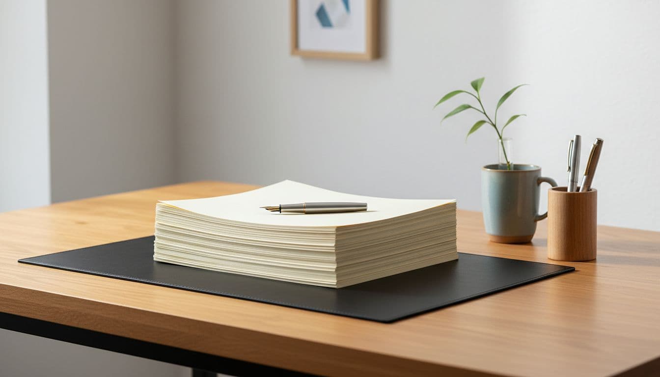 A stack of tidy documents and a premium pen sit on a minimalist wooden workspace.