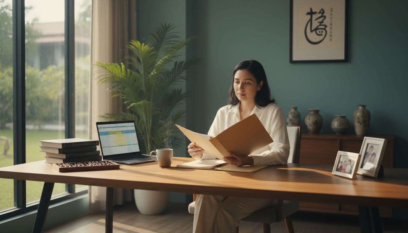A person sits at a wooden desk holding a document folder in a sunlit home office.