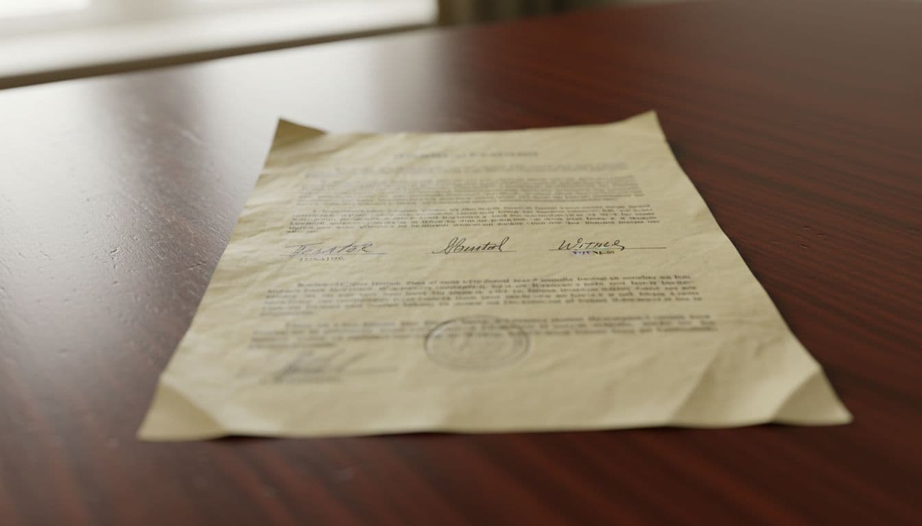 Close-up of aged original will with ink signatures from testator and witnesses, notary seal on wooden desk.