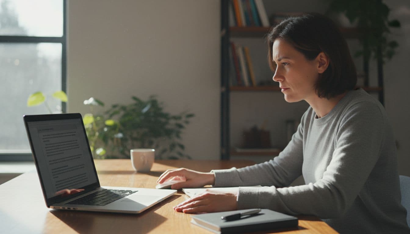 Mid-30s person at wooden desk in bright home office rests hand on mouse while reviewing angled open laptop.