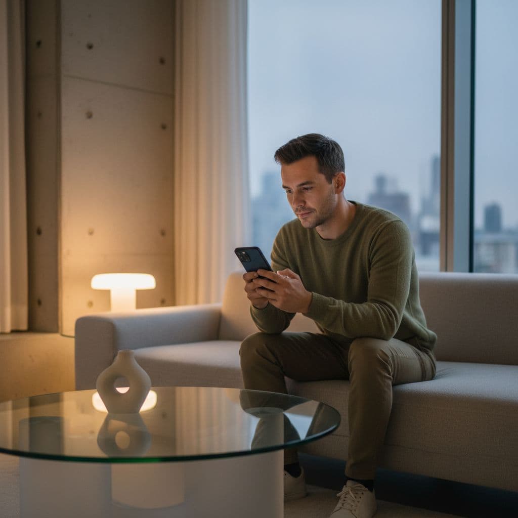 A person sits alone in a minimal room looking at a mobile phone with a calm expression.