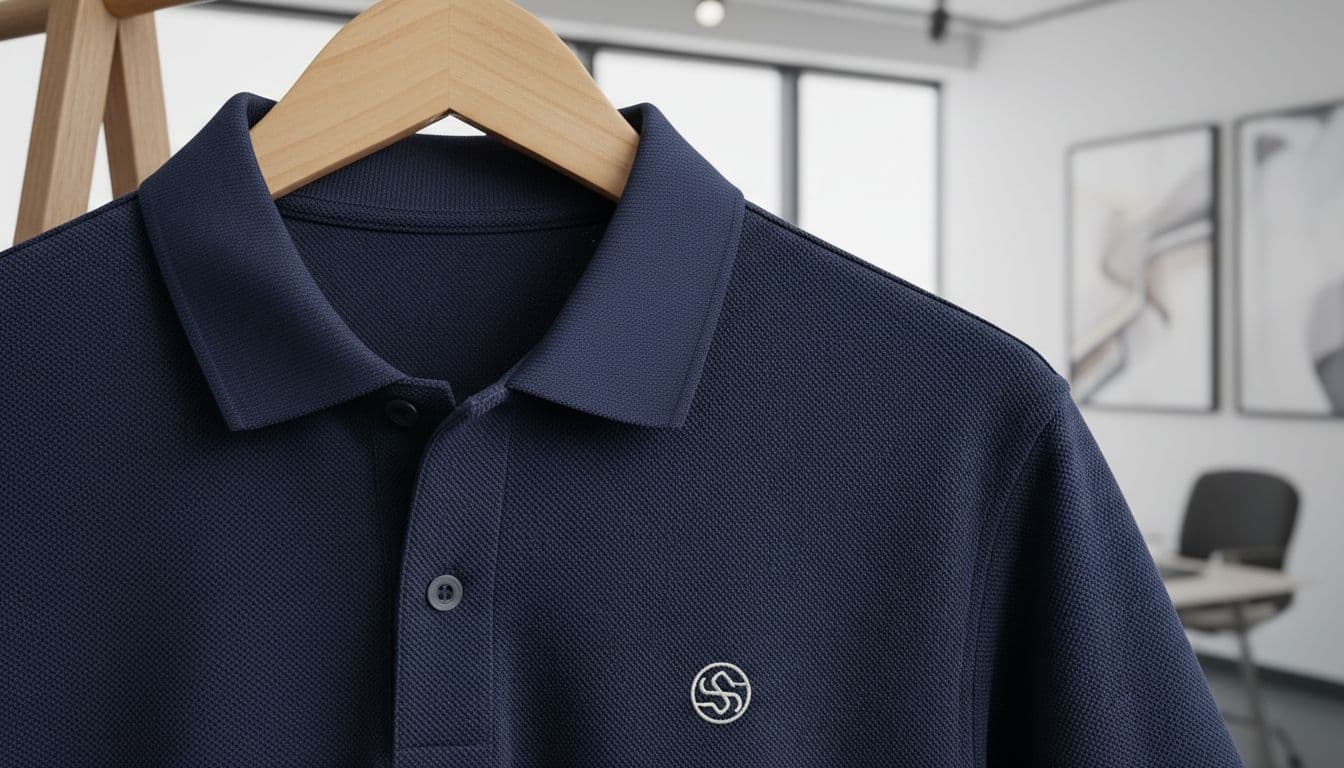 Close-up of a navy polo shirt with subtle embroidered logo on left chest, hanging on a wooden rack in a clean office setting with soft even lighting and highly detailed fabric texture.