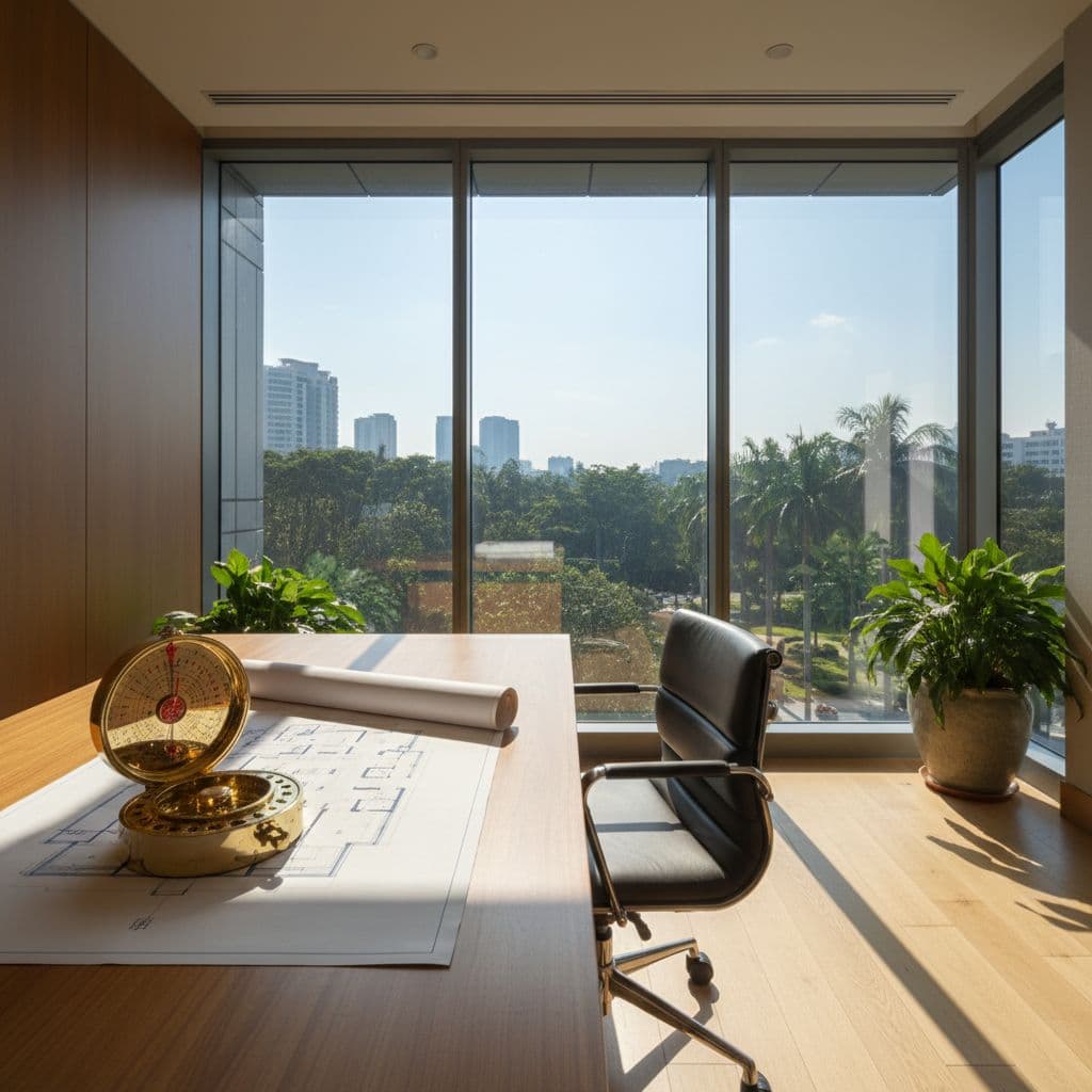 A traditional Chinese compass rests on a desk next to a minimalist architectural floor plan.