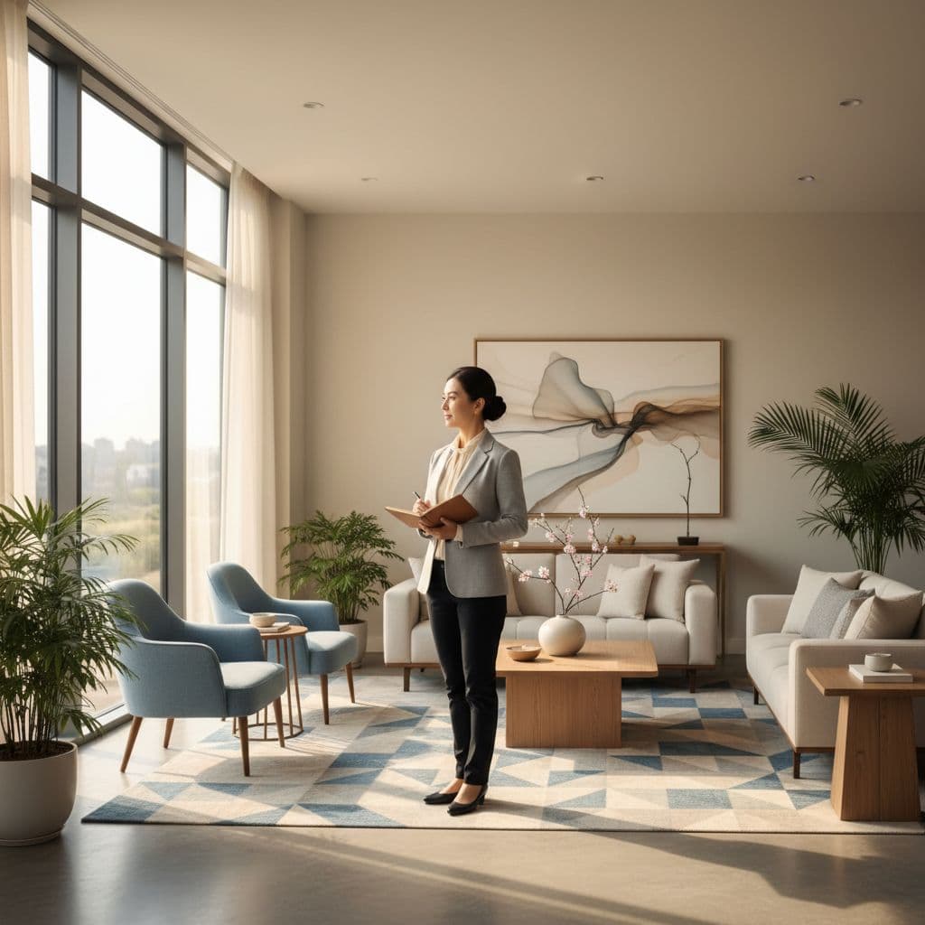 A consultant observes a bright, organized living room during a professional feng shui assessment.