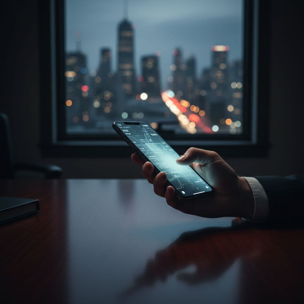 A close-up shot of a hand holding a smartphone at an office desk with a city backdrop.
