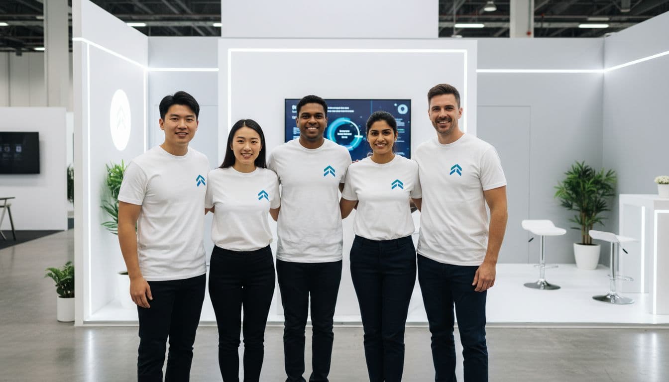 Five colleagues stand together at a modern office exhibition booth wearing matching corporate t-shirts.