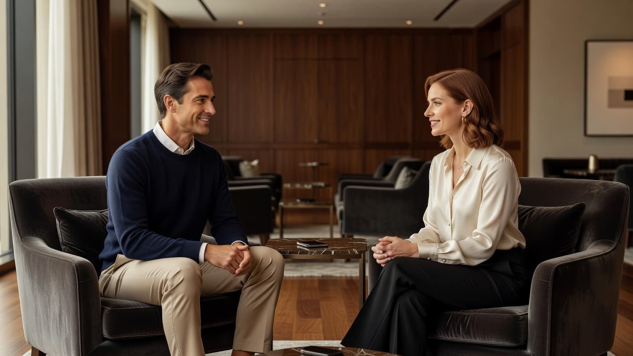 A man and woman in their thirties share a polite conversation inside a dimly lit upscale lounge. They sit with balanced posture, reflecting mature mutual respect within a calm, elegant environment.