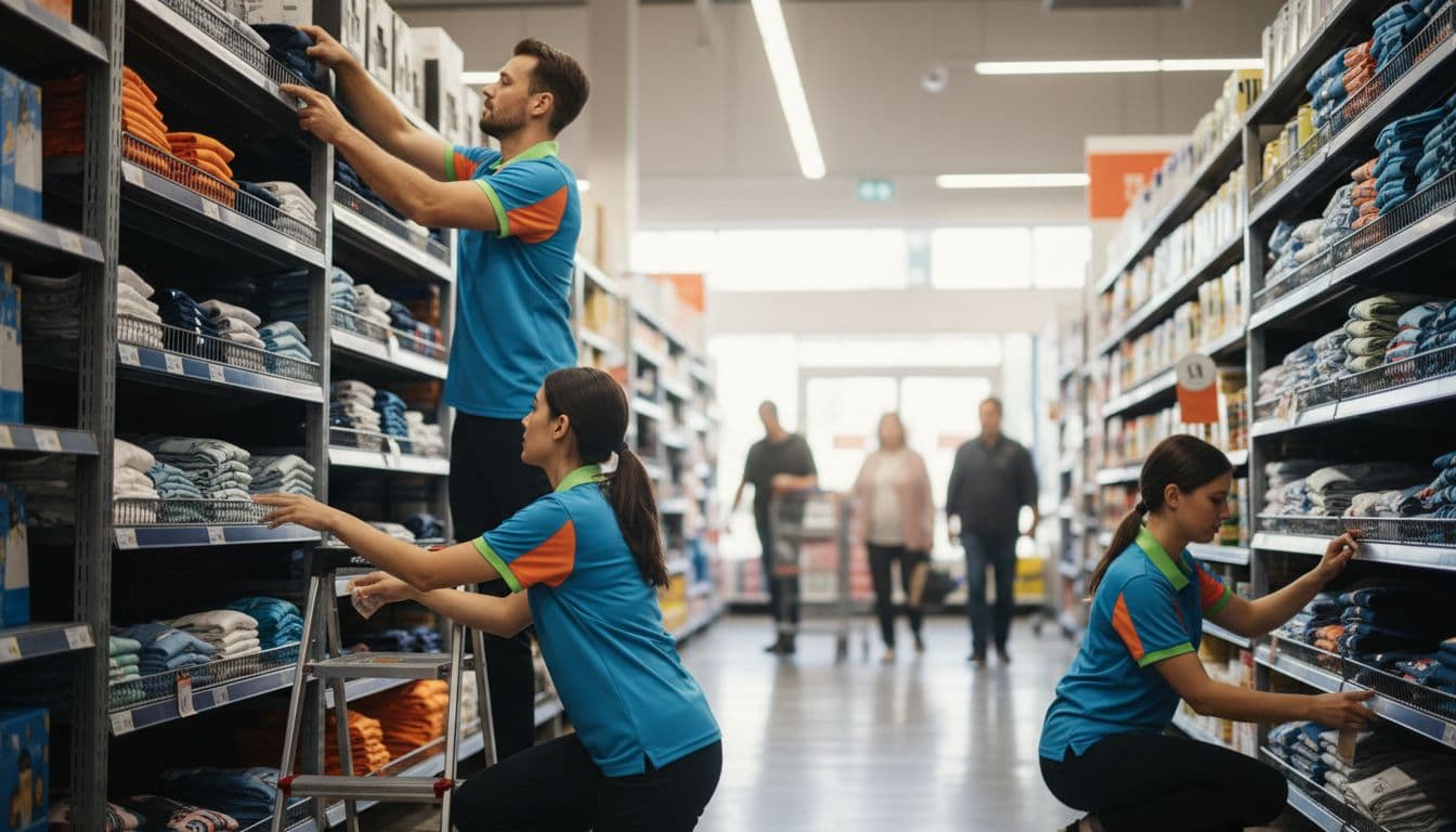 Two retail workers wearing moisture-wicking stretch polos in bright color-blocked design actively stock shelves in a busy store aisle under dynamic natural lighting, emphasizing fabric movement and comfort.