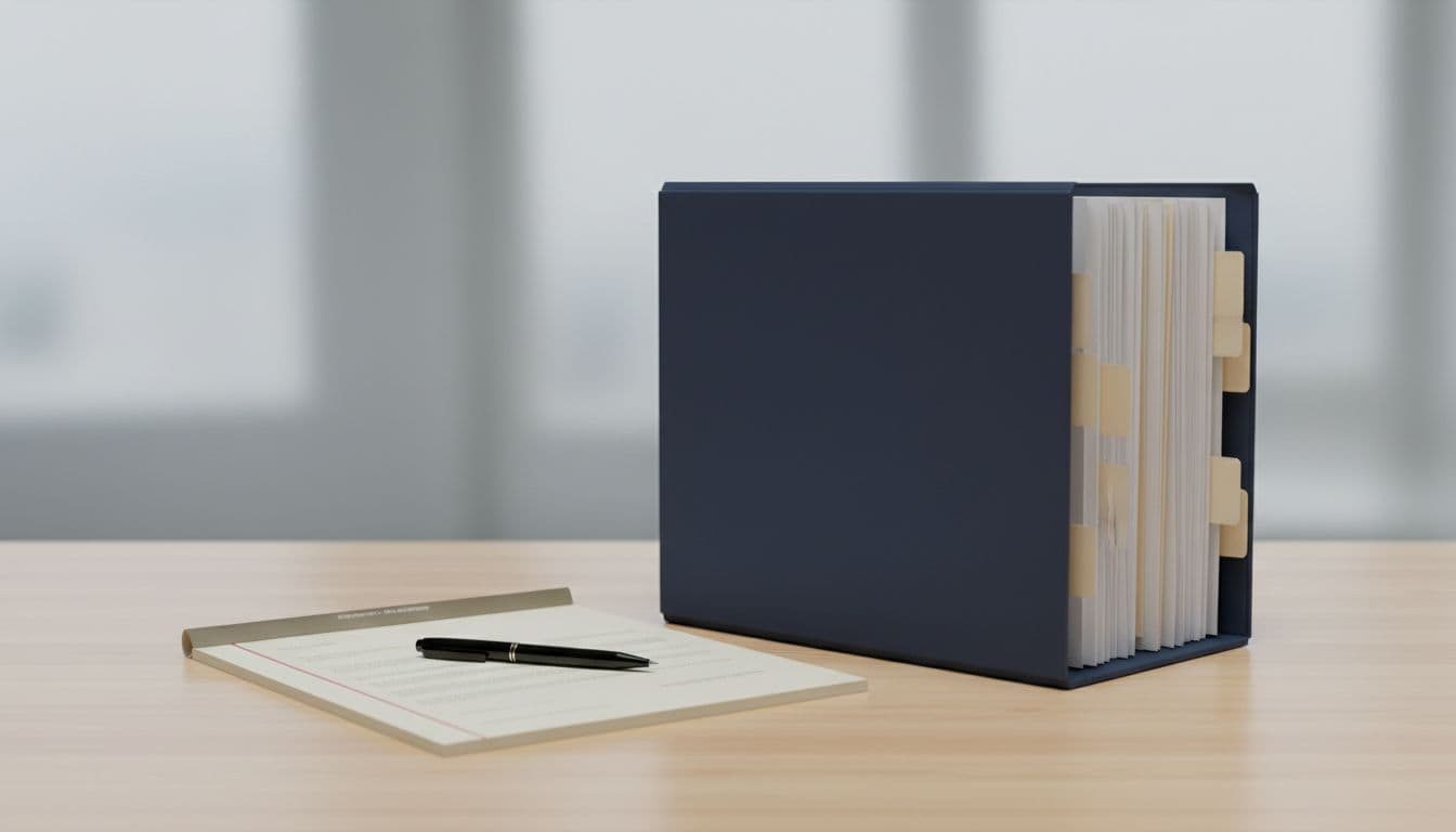 Side-by-side on clean office desk: thin open notepad with pen left, thick tabbed folder right.