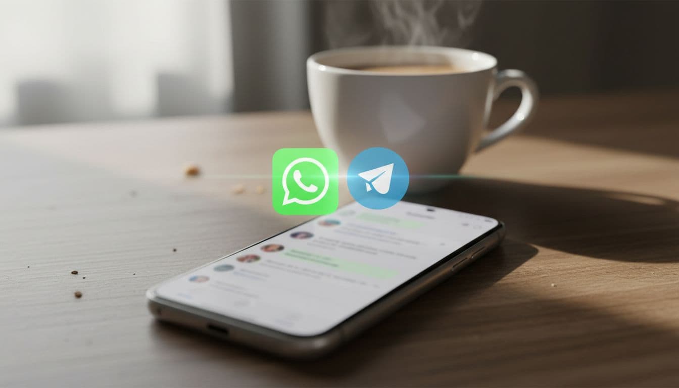 Close-up of a smartphone on a wooden table beside a coffee cup, screen blurred dating app chat fading to private messenger icon like WhatsApp.