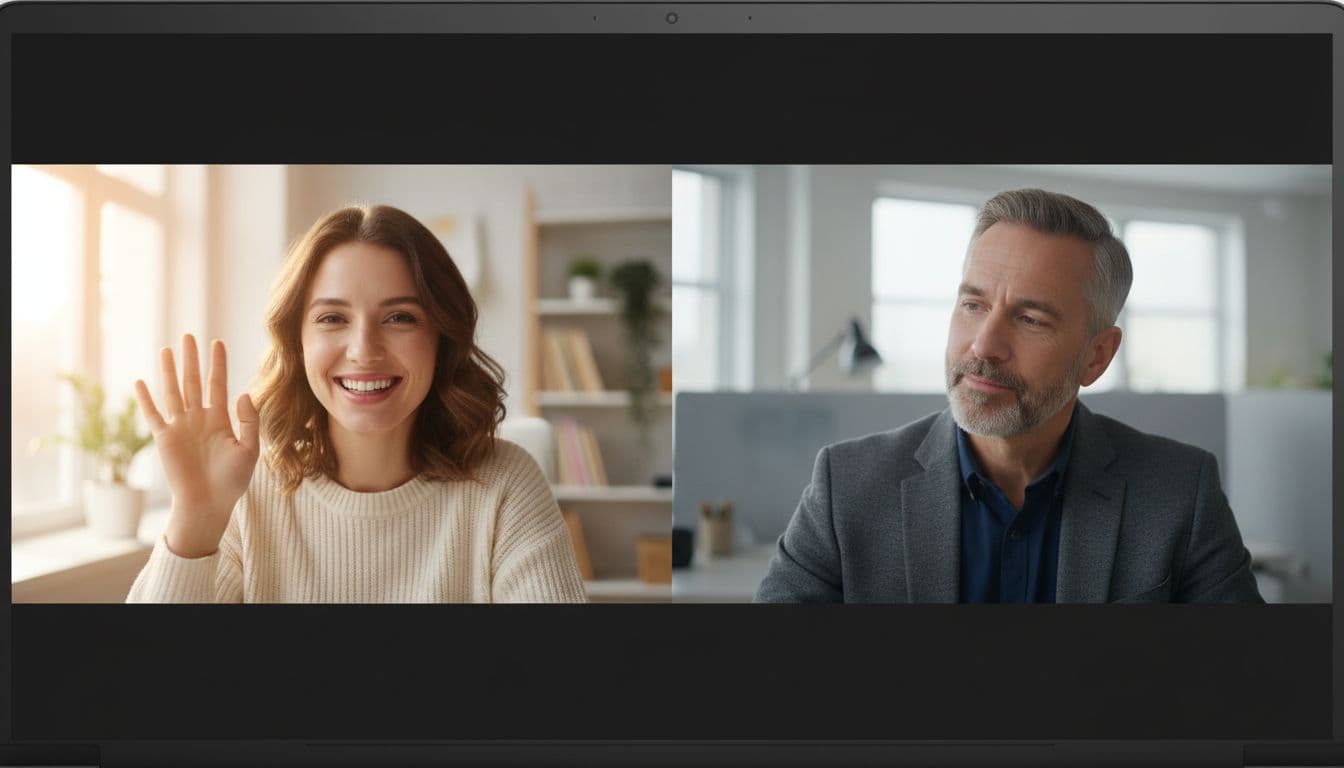 Split-screen video call on a laptop between a young woman in a home office smiling and waving, and a middle-aged man in a professional office nodding, in casual business attire with warm indoor lighting, focusing on faces and upper bodies for safe live video verification.