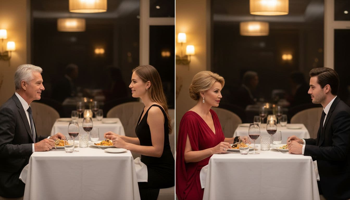 Split image shows older man in suit with young woman left, older woman in dress with young man right at upscale restaurant.
