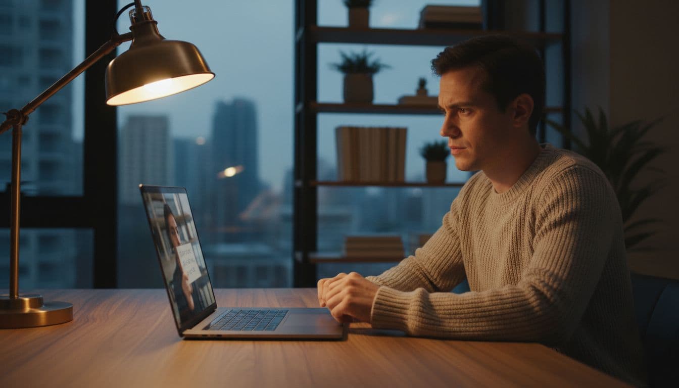 A person in a modern home office on a laptop video call examines a blurred feed of someone holding a handwritten note, showing a cautious yet engaged expression under warm desk lamp lighting.