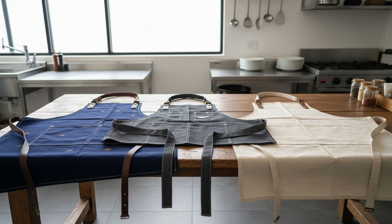 Three custom apron styles including full bib, half waist, and pocketed cafe aprons arranged on a wooden table in a clean Malaysian restaurant kitchen under natural daylight, realistic landscape photograph with no people, text, watermarks, or logos.