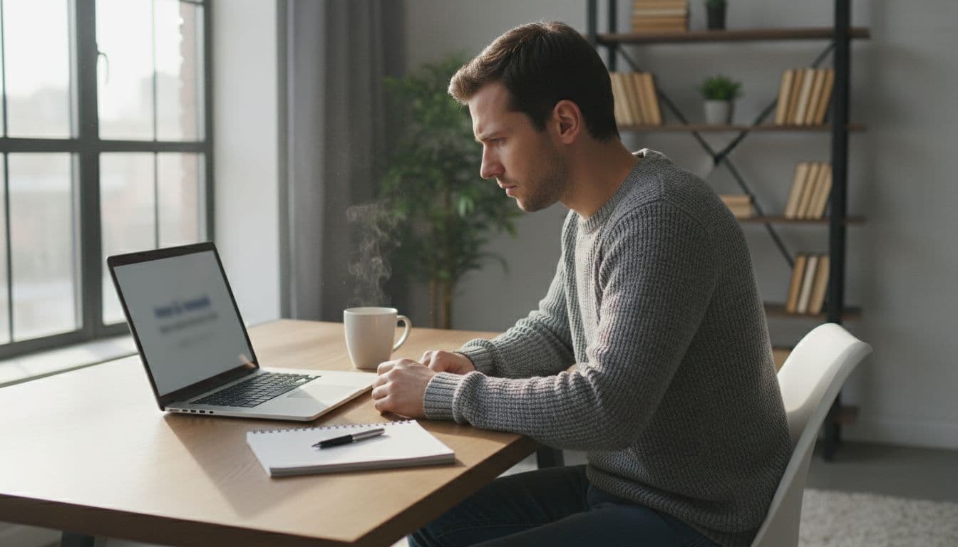 Person in home office looks concerned reading email on laptop at wooden desk with coffee mug and notebook.
