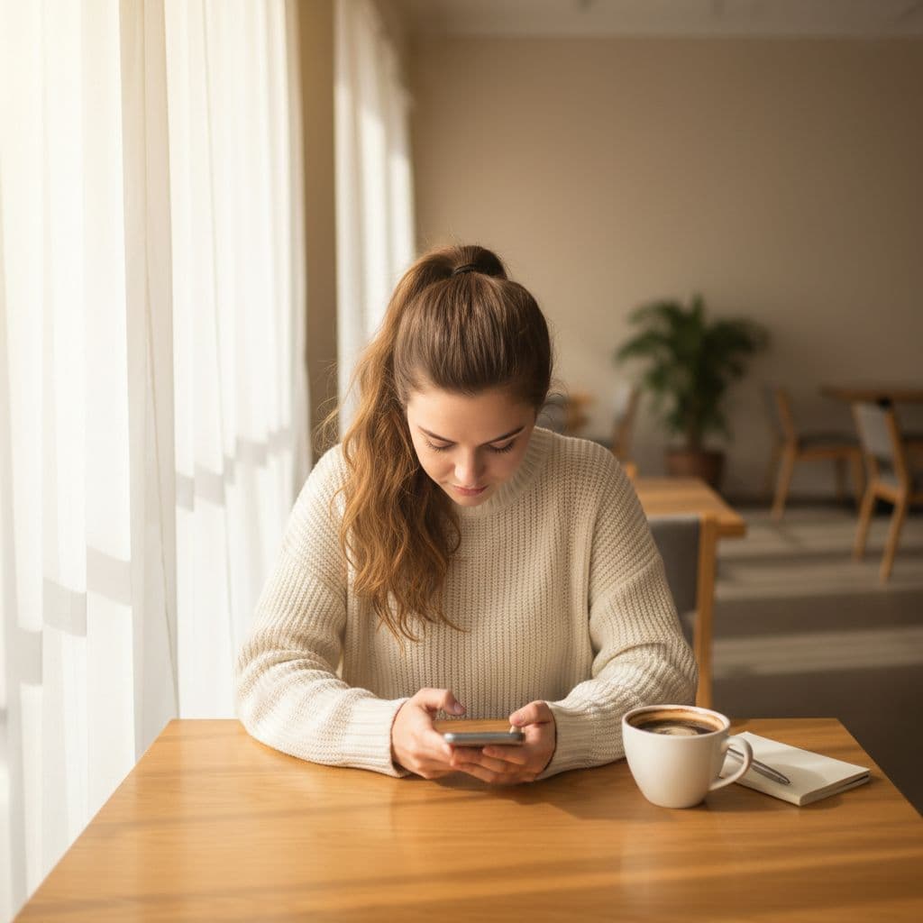 A woman sits at a wooden cafe table with coffee while looking at her smartphone.