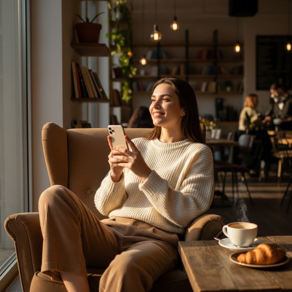 A woman sits comfortably in a sunlit cafe while looking at her smartphone.