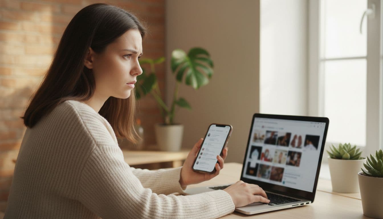 A young woman in her 20s with a concerned expression sits at a modern desk in a cozy home office, holding a smartphone displaying a blurred chat screen. Her laptop nearby shows blurred reverse image search results as she checks for potential scams.