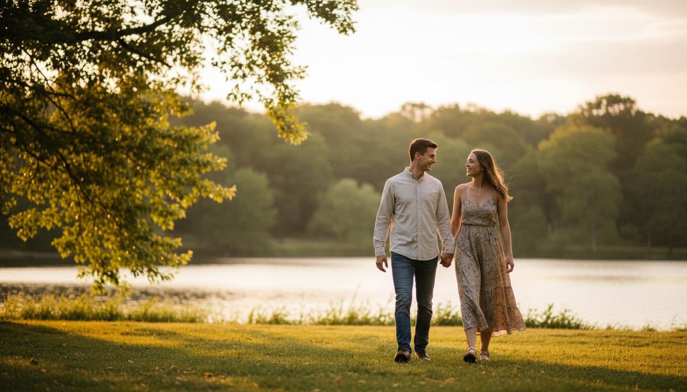 Young couple walks hand-in-hand smiling in park under warm sunset light with green trees and lake behind.